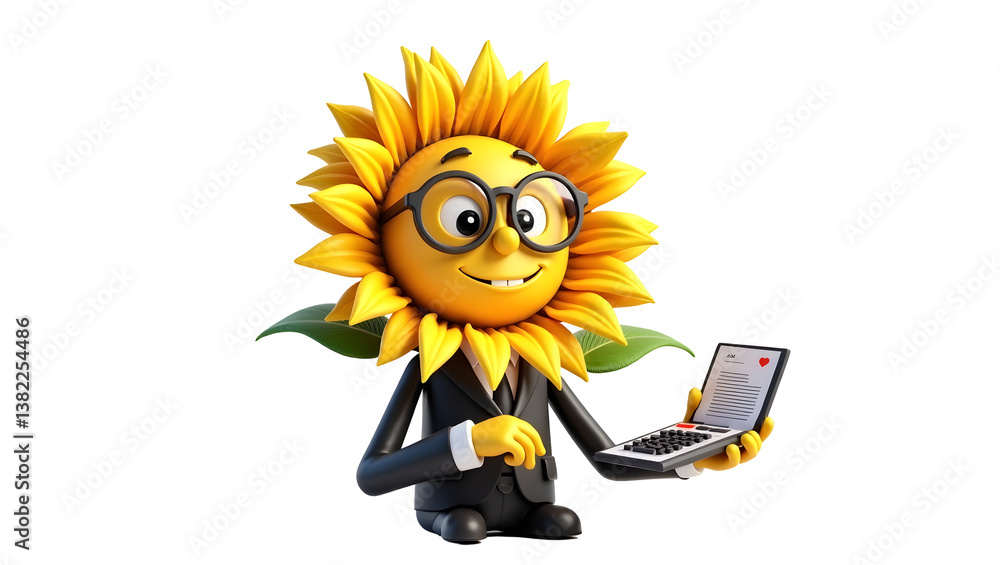Sunflower Character Using Laptop in Suit Cartoon Illustration on Black Sunflower Character Using Laptop in Suit Cartoon Illustration on Black
