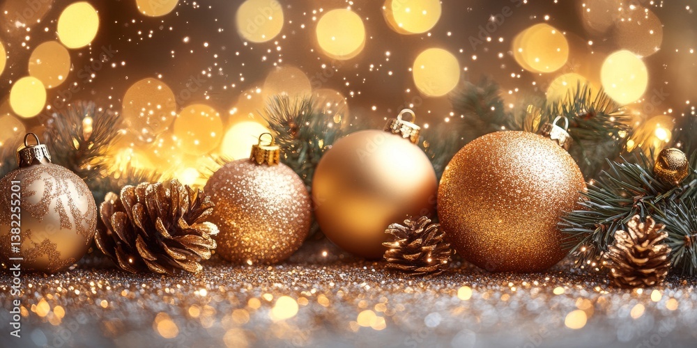 Golden christmas ornaments and pine cones sparkling on glittering background Golden christmas ornaments and pine cones sparkling on glittering background