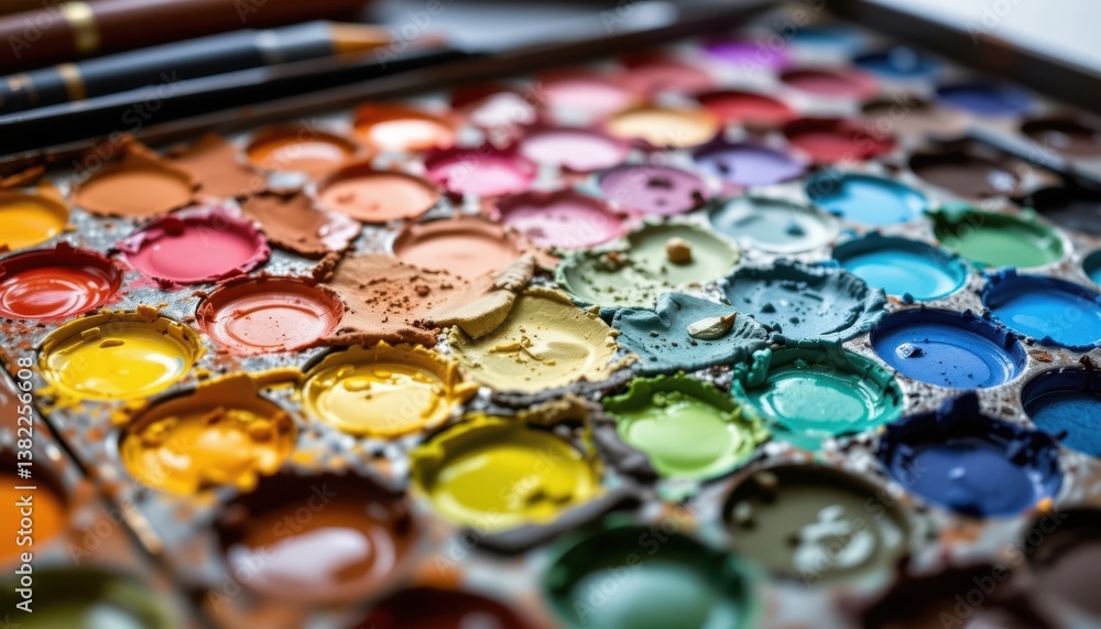 A collection of watercolor paints arranged in a rainbow pattern on an artist's palette. A collection of watercolor paints arranged in a rainbow pattern on an artist's palette.