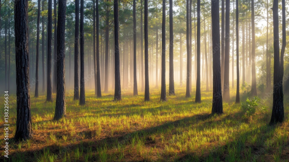 Obraz premium A tranquil pine forest covered in morning mist