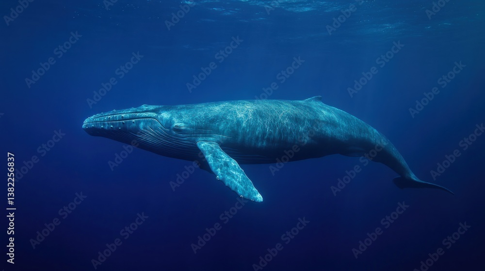 Fototapeta premium Majestic Blue Whale Gliding Serenely Through the Deep Ocean Waterscape