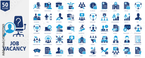Job Vacancy Icon Set glyph duo tone Style with job vacancy, online interview, salary, career choice, selection, full time job, curriculum vitae, company, applicant and referral