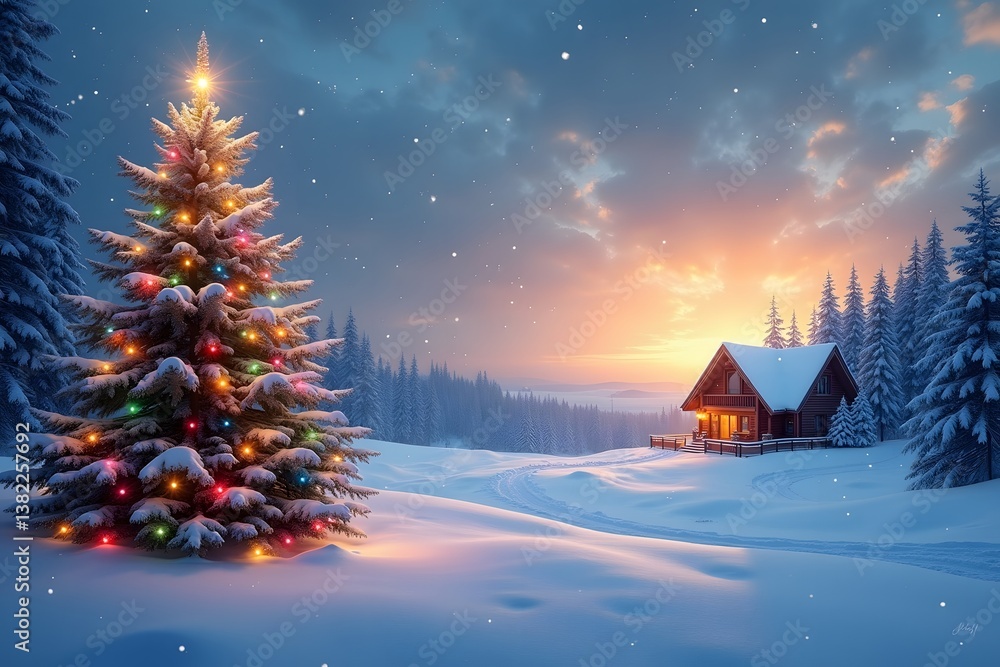 Fototapeta premium Peaceful snowy scene with festive lights, pine trees, and a glowing mountain sunset.