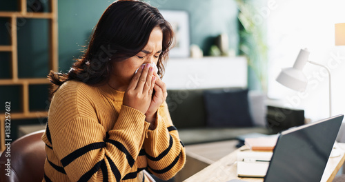 Canvastavla Sick woman, laptop and blowing nose with tissue for flu, cold or viral infection at home