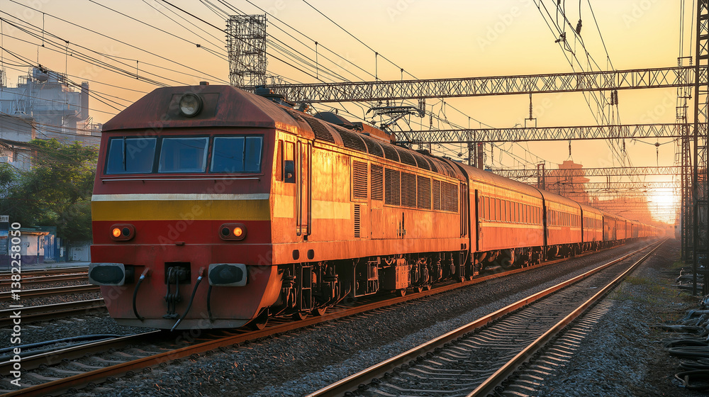 Passenger train locomotive railway tracks transport golden hour sunset sunrise Passenger train locomotive railway tracks transport golden hour sunset sunrise