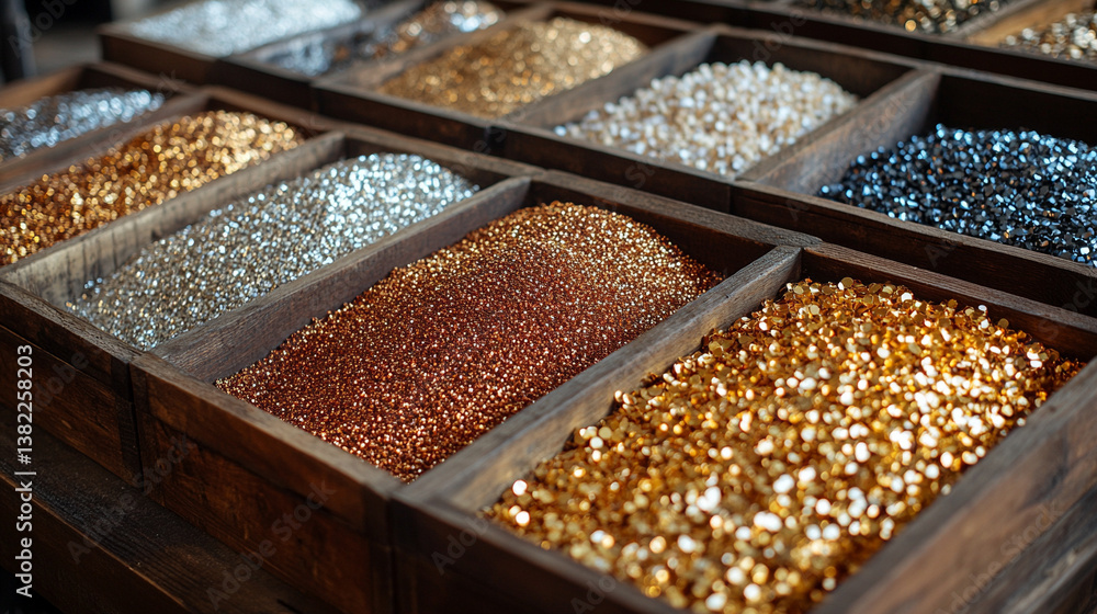 Metallic raw materials such as gold, copper, and silver particles arranged in wooden boxes, showcasing granules for processing, symbolizing industrial production and metal manufacturing Metallic raw materials such as gold, copper, and silver particles arranged in wooden boxes, showcasing granules for processing, symbolizing industrial production and metal manufacturing