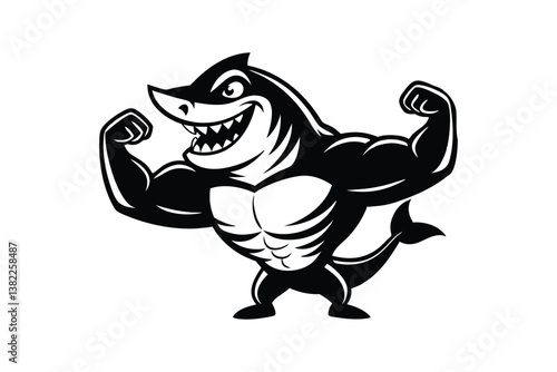 Muscular shark flexing muscles in black and white on white background silhouette