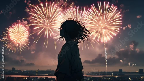 Anime style girl watching fireworks in the city at night.