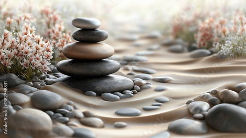 Balanced Zen Stones and Soft Blossoms on a Tranquil Sand Path – Spa and Wellness Digital Background