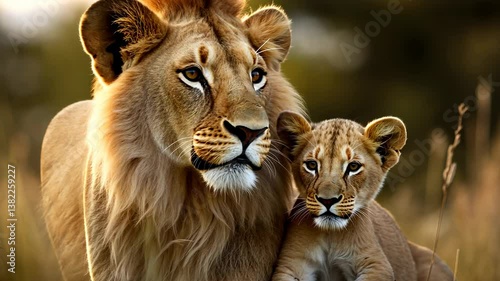 Lion and cub in the African savanna at sunset.