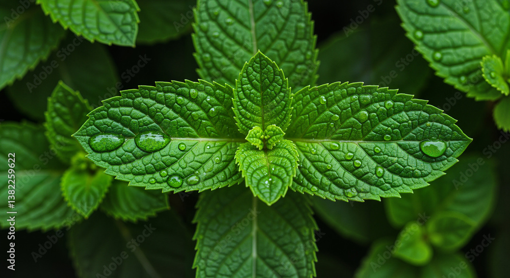 Fresh peppermint leaves covered in dew against a green backdrop Fresh peppermint leaves covered in dew against a green backdrop