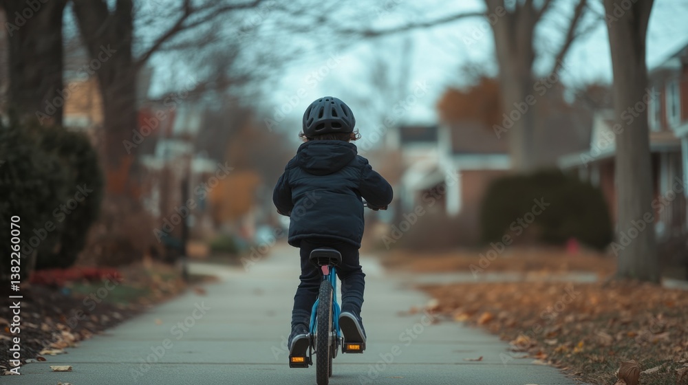 Obraz premium Young boy rides bike down residential street, autumn leaves on ground.