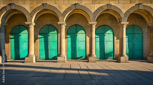 Geometric perspective columns shadows light pavement historic Piece Hall courtyard.