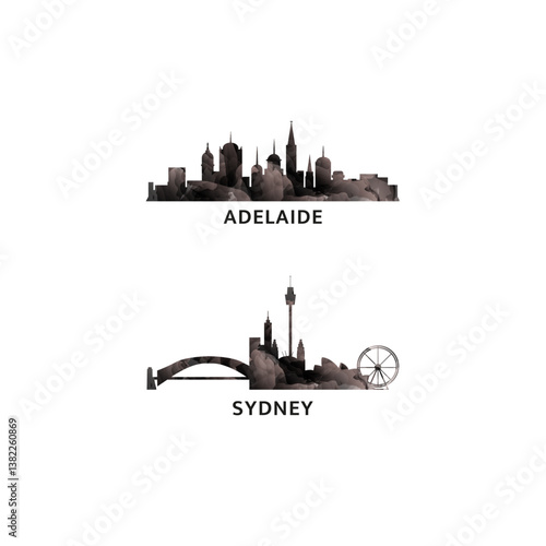Australia cities logo and icon set. Vector graphic collection for Adelaide, Sydney. Skyline, panoramic emblems