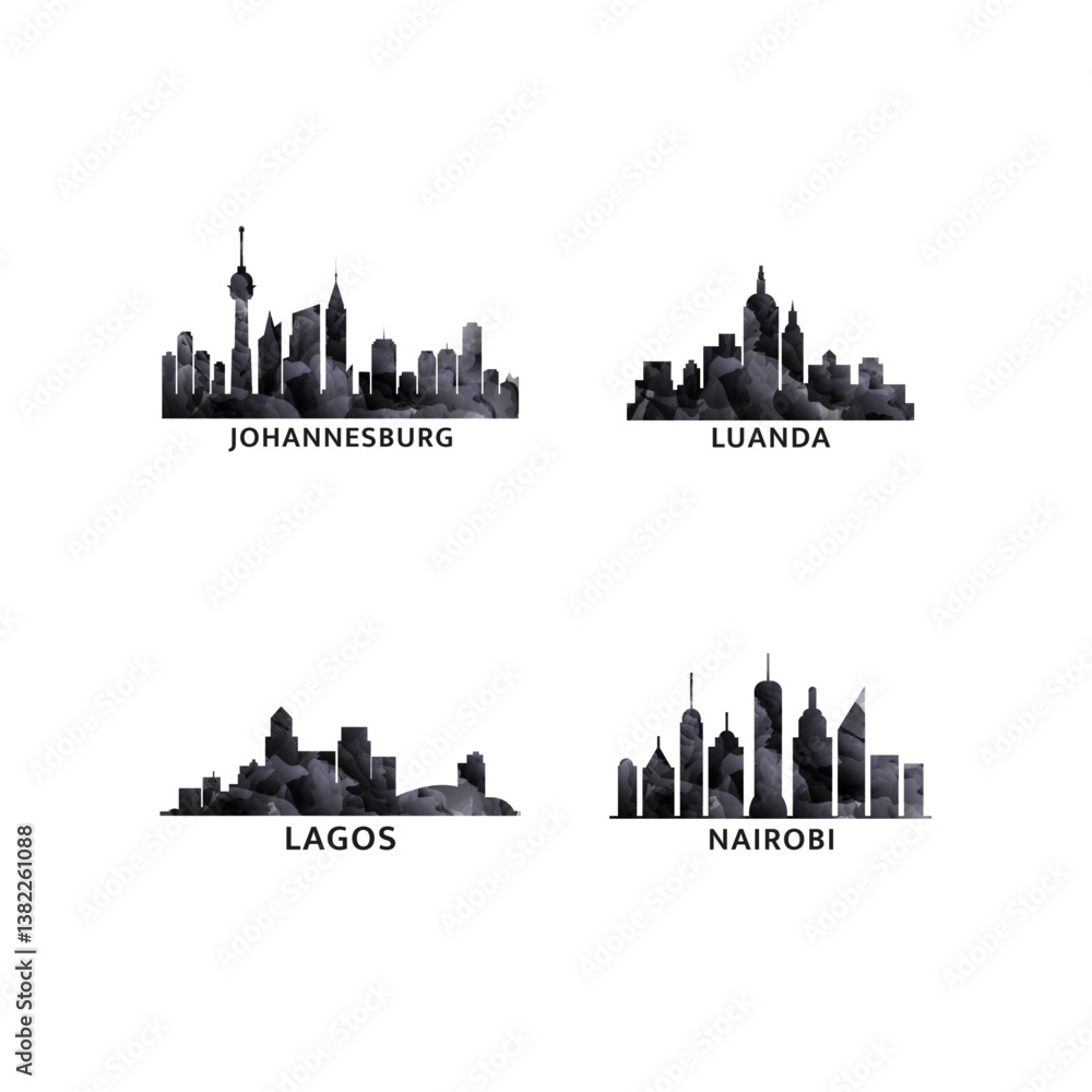 Fototapeta premium Africa region cities logo and icon set. Vector graphic collection for Johannesburg, Luanda, Lagos, Nairobi. Kenya, Nigeria, Angola, South Africa skyline emblems