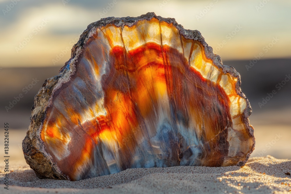 Fototapeta premium A mesmerizing slice of petrified wood, showcasing vibrant hues of orange, red, and gray, rests on a sandy beach bathed in golden sunlight.