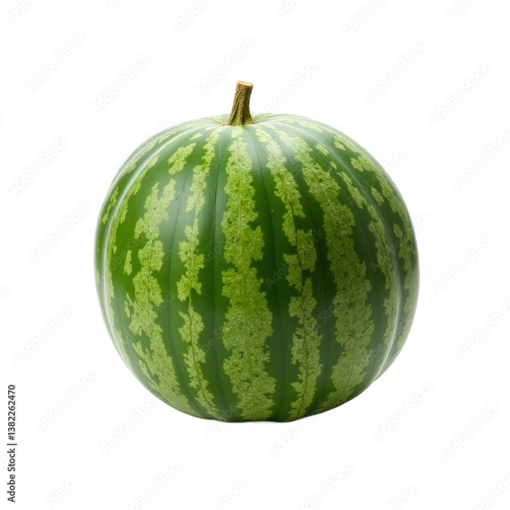 A fresh, round watermelon with green stripes and a small stem on top. A fresh, round watermelon with green stripes and a small stem on top.