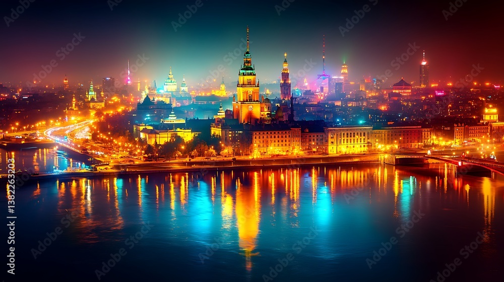 Naklejka premium Magical Night in Riga Cityscape Reflection.