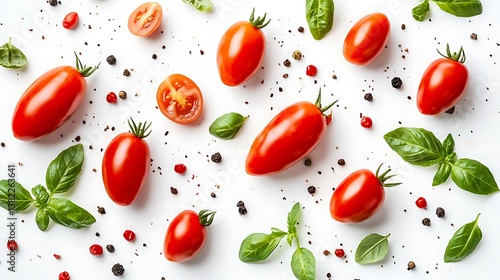 Fresh Mini San Marzano Tomatoes with Basil and Black Pepper on White Background