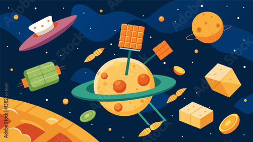 A space station created from crackers and cheese with carrot stick antennas and a hummus dip landscape.. Vector illustration