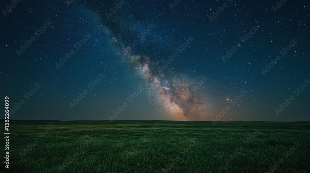 Fototapeta premium Milky Way Galaxy over Serene Green Field at Night