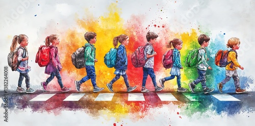 Children with backpacks happily cross a pedestrian crossing, vibrant watercolor style.  Perfect for back to school projects.