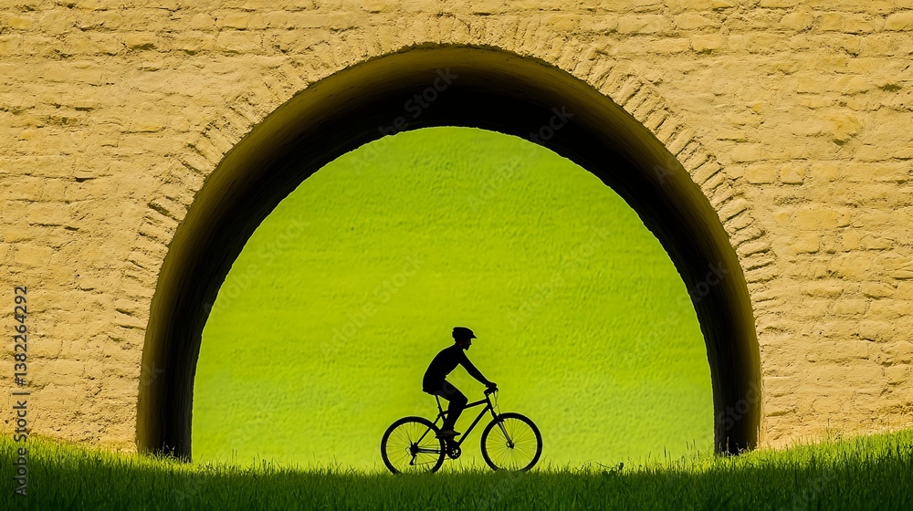 Fototapeta premium Silhouette Cyclist Under Stone Archway, Green Meadow