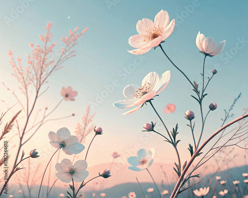 pale colours, flowers on the clear sky background