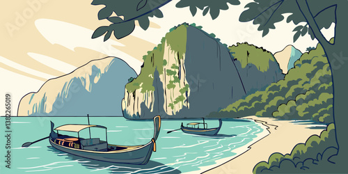 Boats at the beauty beach with limestone cliff and crystal clear water in Thailand
