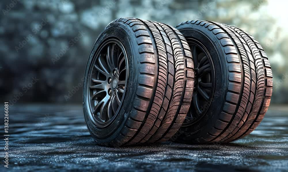 Two new car tires rest on pavement with blurred background Two new car tires rest on pavement with blurred background