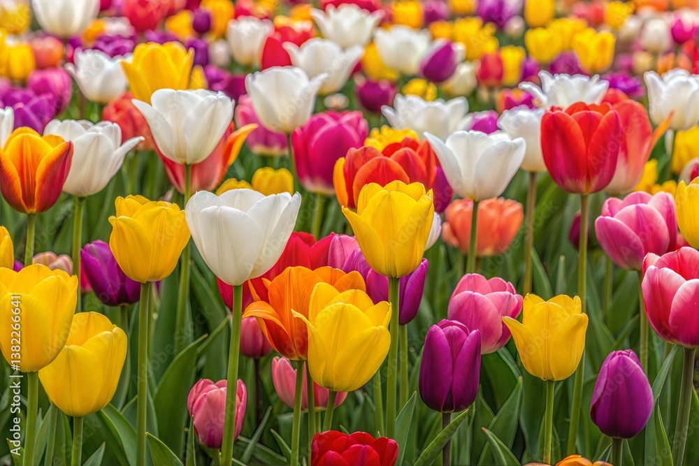 Fototapeta premium A field of colorful tulip flowers in full bloom, showcasing vibrant colors and natural beauty during springtime