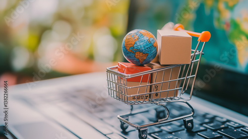 Miniature shopping cart filled with cardboard box and a small globe on a laptop keyboard with blurred map background. Concept of global e commerce, logistics, online retail and international shipping.