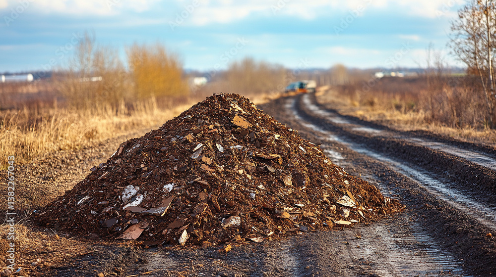 A pile of recycled asphalt at a landfill resembling a coal mine, showcasing crushed tarmac material. It symbolizes ecological recovery, resource conservation, and waste recycling efforts A pile of recycled asphalt at a landfill resembling a coal mine, showcasing crushed tarmac material. It symbolizes ecological recovery, resource conservation, and waste recycling efforts