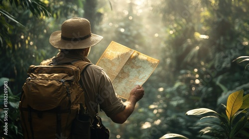 Fototapeta Naklejka Na Ścianę i Meble -  An explorer exploring the jungle with a map in hand