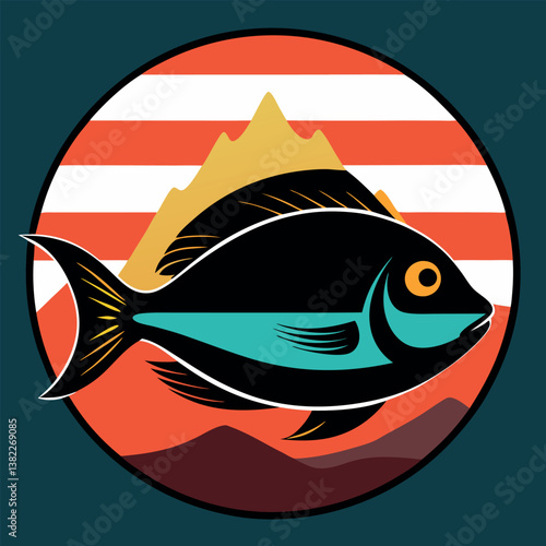 surgeon fish-with-mountain silhouette-on-retro-vintage