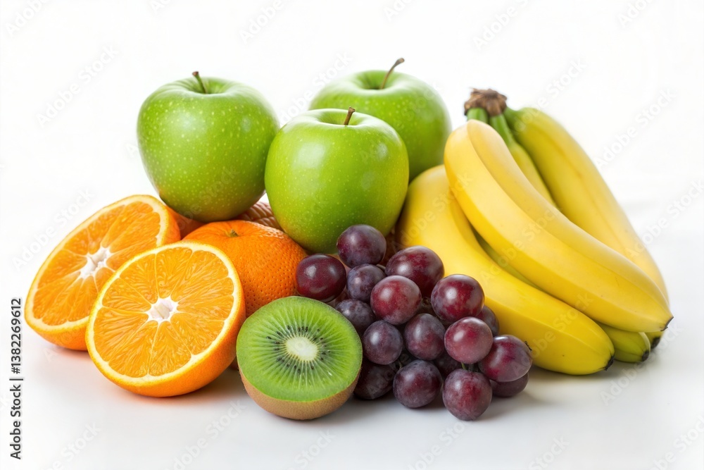A fresh and colorful mix of green apples, oranges, bananas, grapes, and kiwi arranged on a clean white background, perfect for healthy eating and vibrant fruit displays A fresh and colorful mix of green apples, oranges, bananas, grapes, and kiwi arranged on a clean white background, perfect for healthy eating and vibrant fruit displays