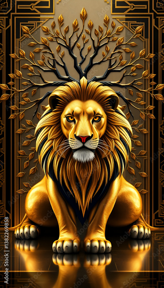 Fototapeta premium Majestic Art Deco Lion with Tree – High-Definition Luxurious Design, No 129