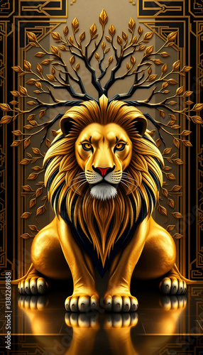 Majestic Art Deco Lion with Tree – High-Definition Luxurious Design, No 129