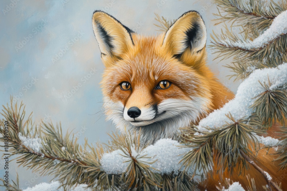 Fototapeta premium A red fox peeks from behind snow-covered pine branches in a winter scene.