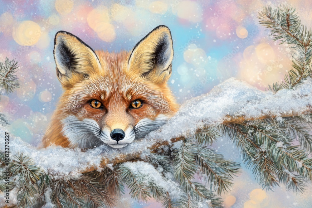 Obraz premium A red fox, eyes gleaming, peeks from behind a snow-covered pine branch in a winter wonderland.