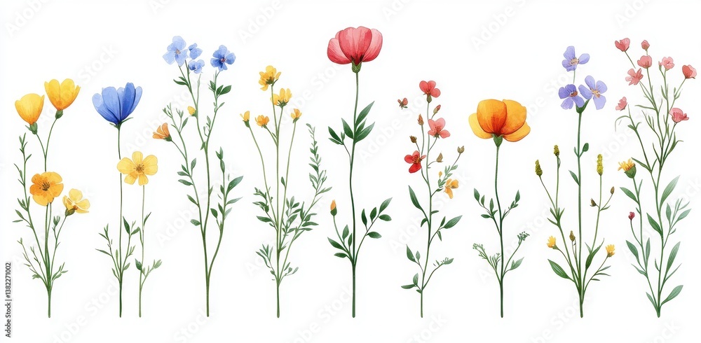 Charming collection of small wild flowers in pastel colors on a crisp white background featuring delicate watercolor vector graphics Charming collection of small wild flowers in pastel colors on a crisp white background featuring delicate watercolor vector graphics