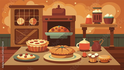 A rustic kitchen scene with an oldfashioned oven from which freshly baked pies and tarts are being taken out and carefully p on a wooden table for. Vector illustration