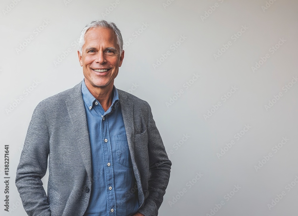 Smiling Mature Man in Blazer Portrait Confidently Posing Against Plain Background Smiling Mature Man in Blazer Portrait Confidently Posing Against Plain Background