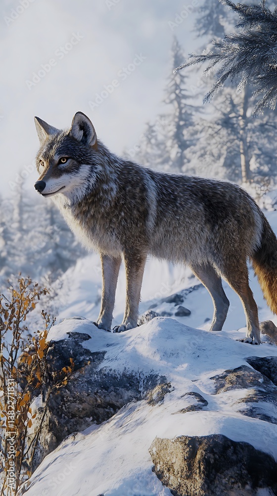 Obraz premium Majestic Wolf in a Winter Wonderland: A Breathtaking Digital Artwork