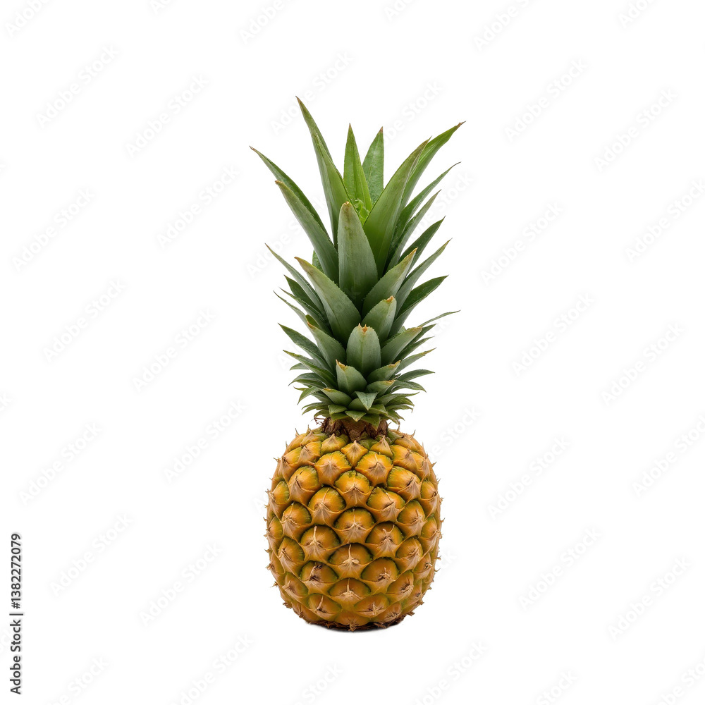 A fresh pineapple with green leaves on top, isolated on a white background. A fresh pineapple with green leaves on top, isolated on a white background.