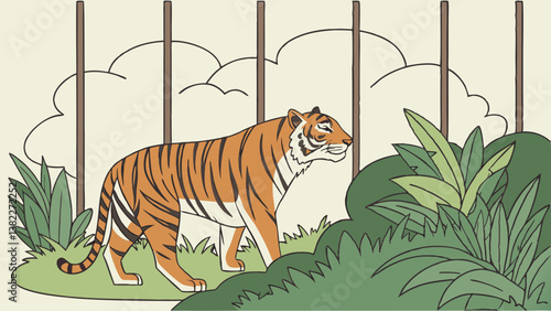 Majestic striped feline, a wild bengal predator, roams the dense jungle