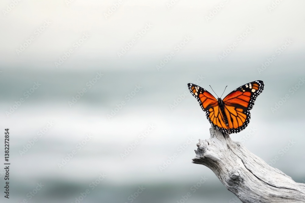 Obraz premium A monarch butterfly rests gracefully on weathered driftwood against a serene, blurred background.