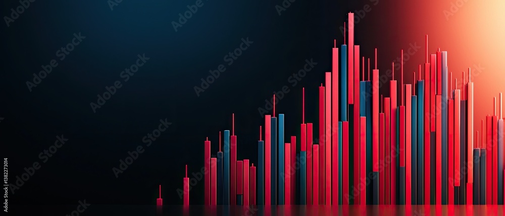 Fototapeta premium A colorful, abstract visual representation of bar graphs, suggesting data analysis and financial trends with vibrant red, blue, and dark backgrounds.