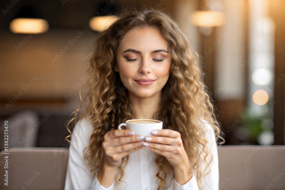 Woman with Curly Hair Holding White Cup with Heart Latte Art Woman with Curly Hair Holding White Cup with Heart Latte Art