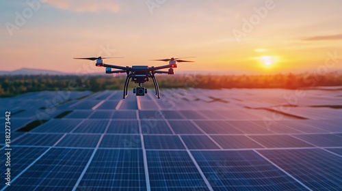 Drone Captures Aerial View of Solar Panels During Sunset in a Renewable Energy Field